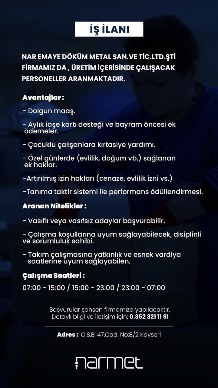 Üretim içerisinde çalışacak personeller aranmaktadır. ilan görseli