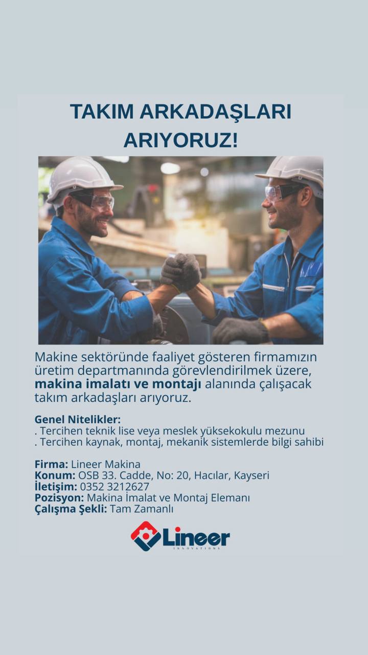 Makina İmalat ve Montaj Elemanı Aranıyor ilan görseli