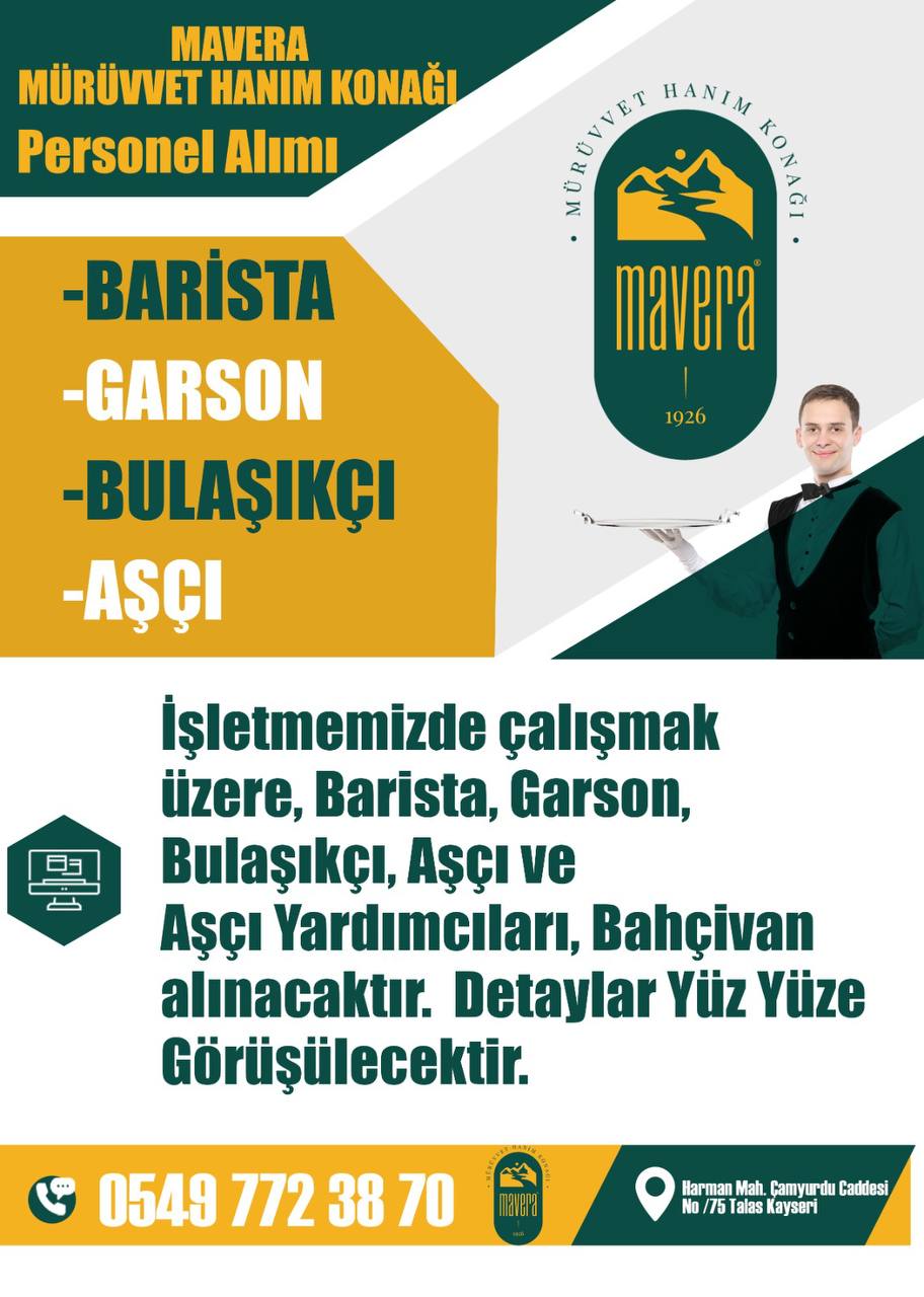 Barista, Garson, Bulaşıkçı, Aşçı ve Aşçı Yardımcıları, Bahçıvan alınacaktır. ilan görseli