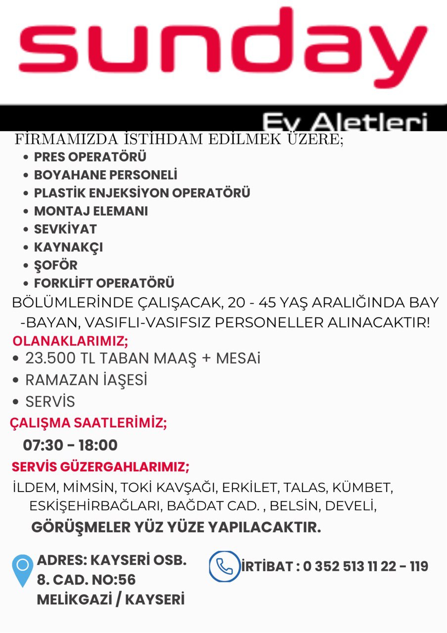 20 - 45 yaş aralığında bay-bayan, vasıflı-vasıfsız personeller alınacaktır ilan görseli