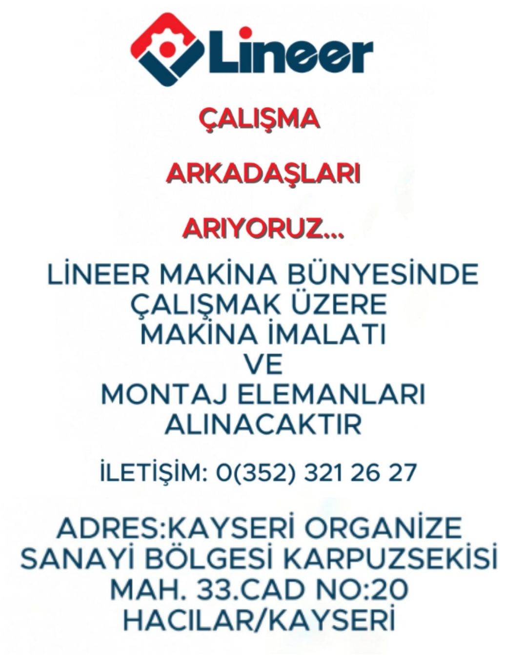 Lineer Makina, çalışma arkadaşları arıyor ilan görseli